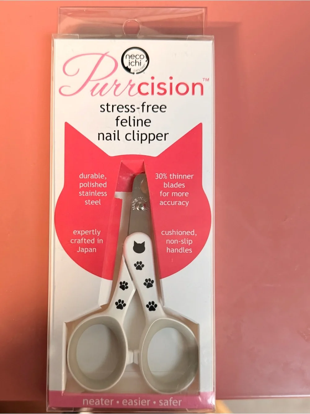 Purrcision Stress-Free Feline Nail Clipper - White with Black Paw Prints